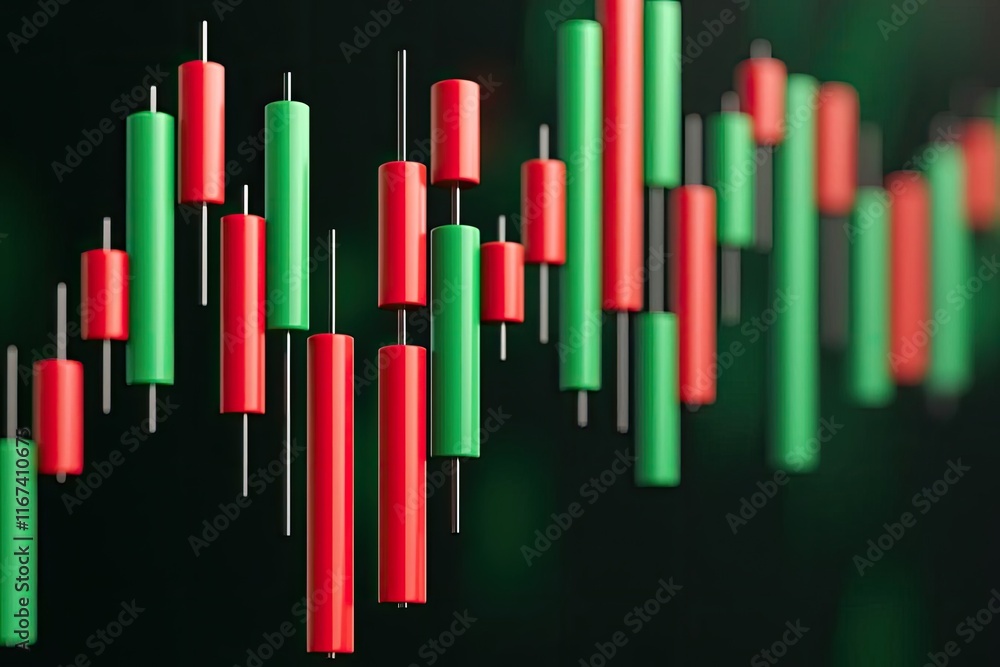 Close-up view of candlestick chart displaying market trends with red and green bars on a dark background, representing stock price movements. Close-up view of candlestick chart displaying market trends with red and green bars on a dark background, representing stock price movements.