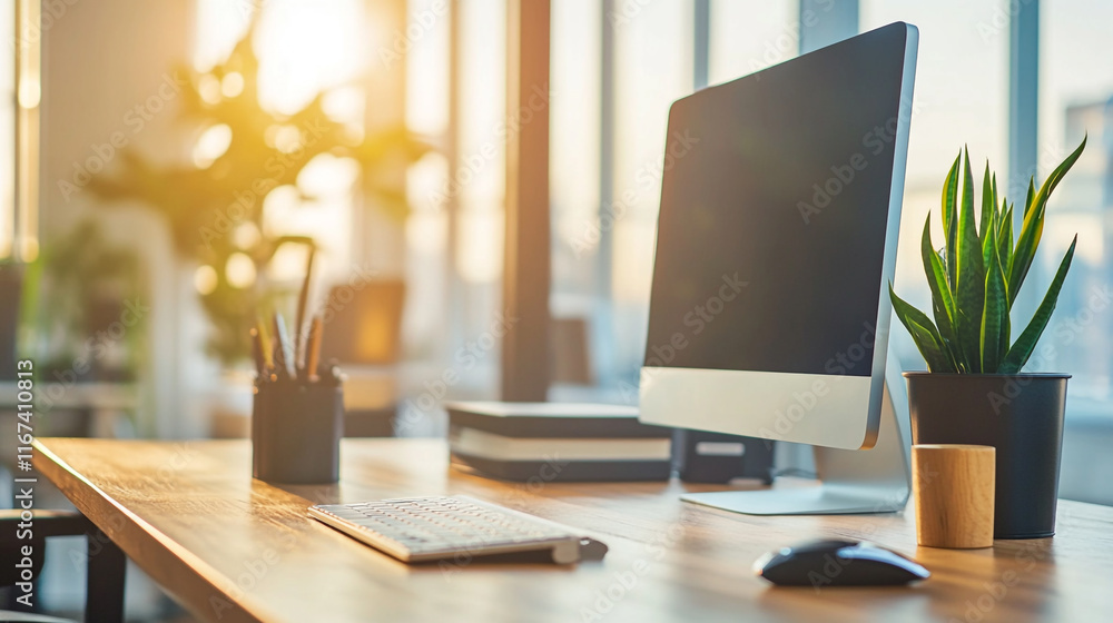 Modern workspace with computer and plants in bright sunlight during morning hours Modern workspace with computer and plants in bright sunlight during morning hours