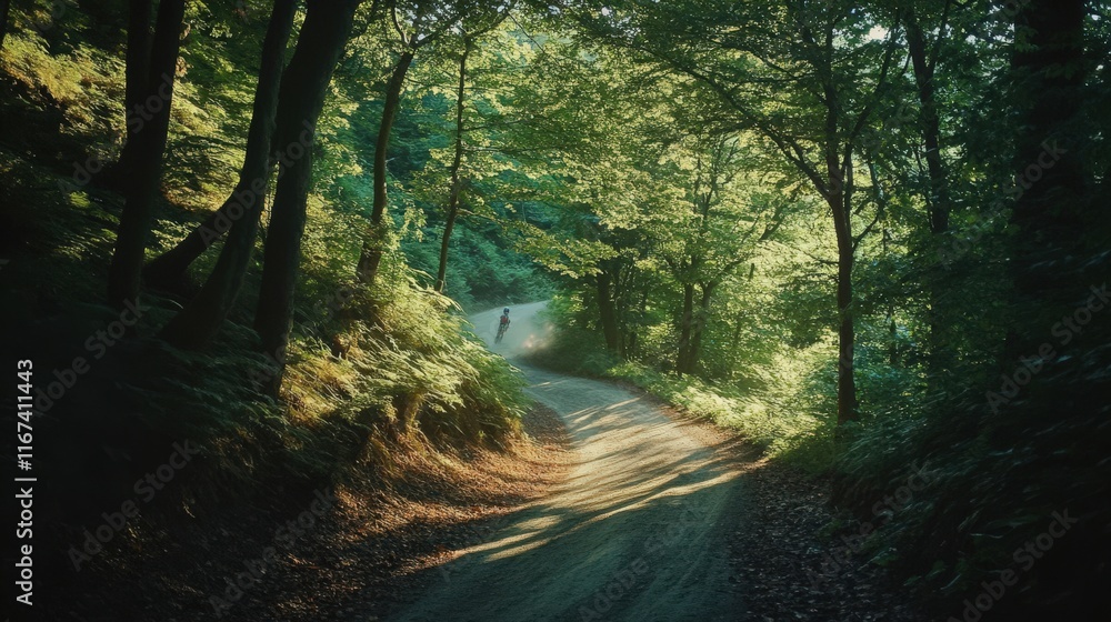 Obraz premium Peaceful winding road through lush green forest, inviting exploration and connection with nature on a sunny day