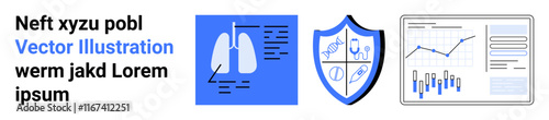 Text area, lung icon with notes, shield with medical symbols, data charts. Ideal for health, medicine, data analysis, security, statistics, research, infographics. Landing page