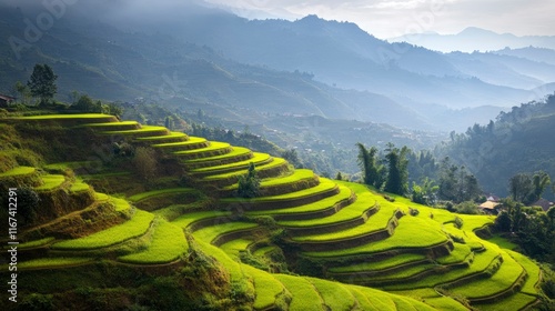 Verdant Rice Terraces Cascading Down Mountainside