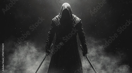 Hooded warrior with dual swords in mysterious foggy setting
