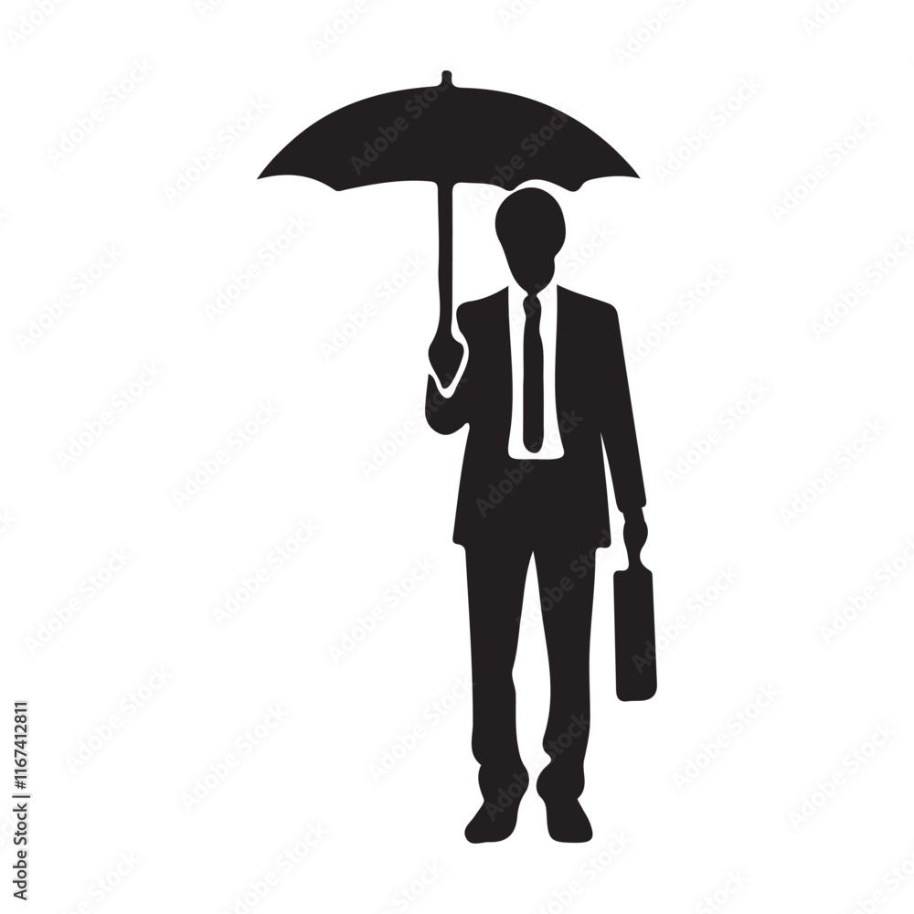 Silhouette of a Businessman Standing with Umbrella and Briefcase Silhouette of a Businessman Standing with Umbrella and Briefcase