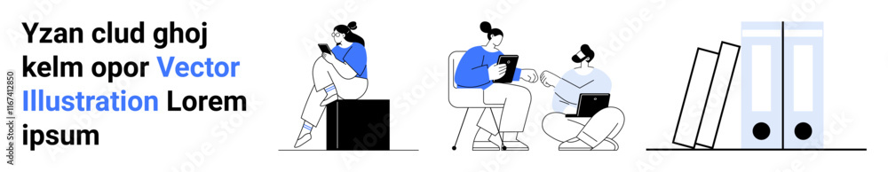 Business team engaging with digital devices. First person reads tablet, two people discuss on the floor with a laptop and tablet, files on the right. Ideal for teamwork, tech, collaboration Business team engaging with digital devices. First person reads tablet, two people discuss on the floor with a laptop and tablet, files on the right. Ideal for teamwork, tech, collaboration