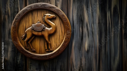 A carved wooden emblem featuring a camel, set against a textured wooden background. photo