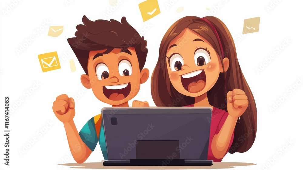 Excited Children Enjoying a Fun Activity on a Laptop Screen Excited Children Enjoying a Fun Activity on a Laptop Screen