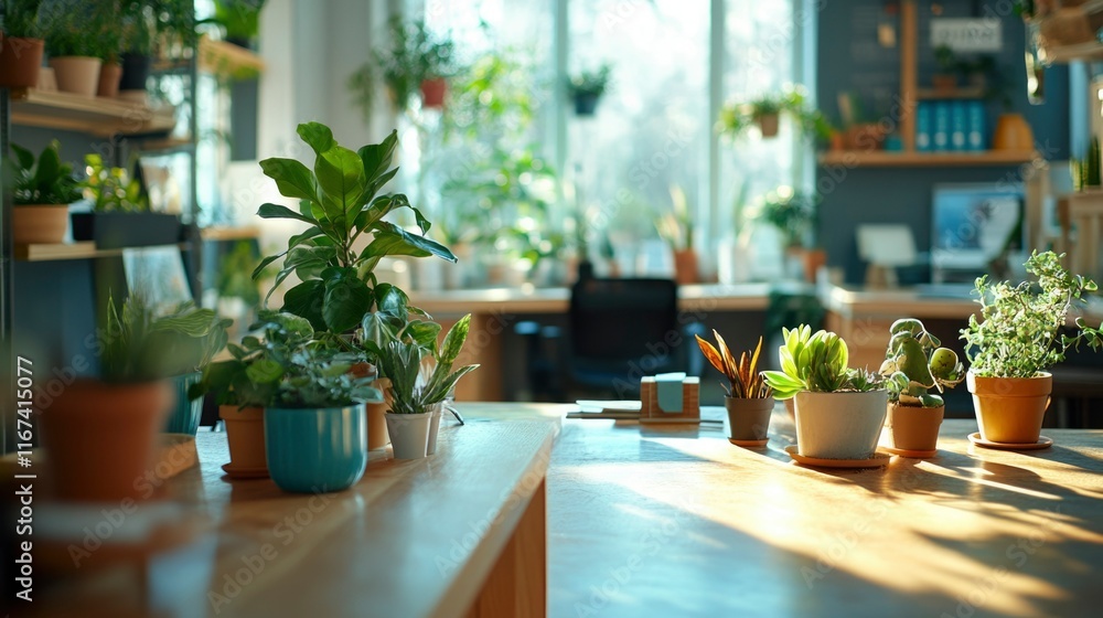 Sunlit Office Plants Wooden Table Bright Room Sunlit Office Plants Wooden Table Bright Room