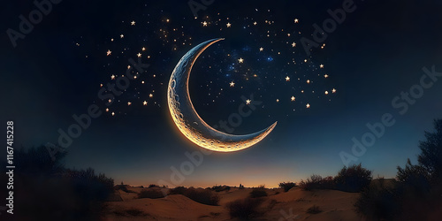 crescent moon and stars symbolizing the start of Ramadan Generative AI photo