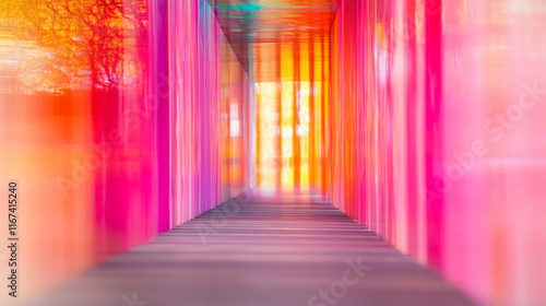 Vibrant corridor showcasing colorful light patterns at sunset in an artistic installation