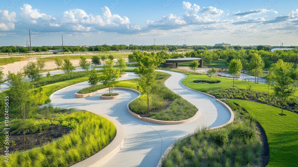 Serpentine Pathways Wind Through Lush Green Park Landscape Serpentine Pathways Wind Through Lush Green Park Landscape