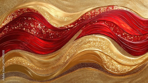 Abstract Waves of Red and Gold Paint with Glittering Highlights