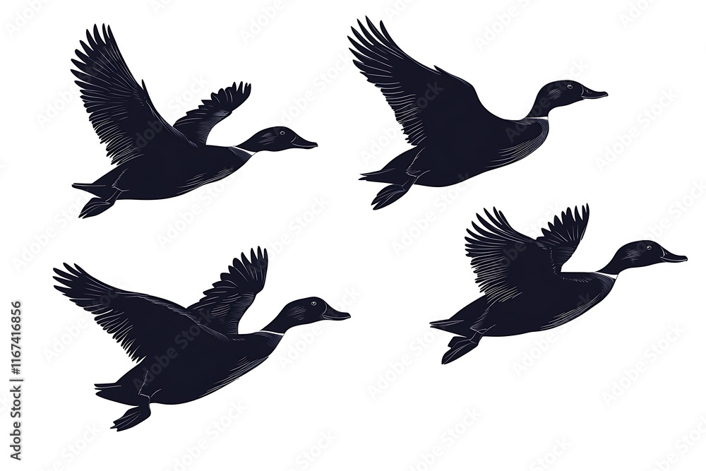 Obraz premium A stylized illustration of four ducks in flight, showcasing their wings and movement.