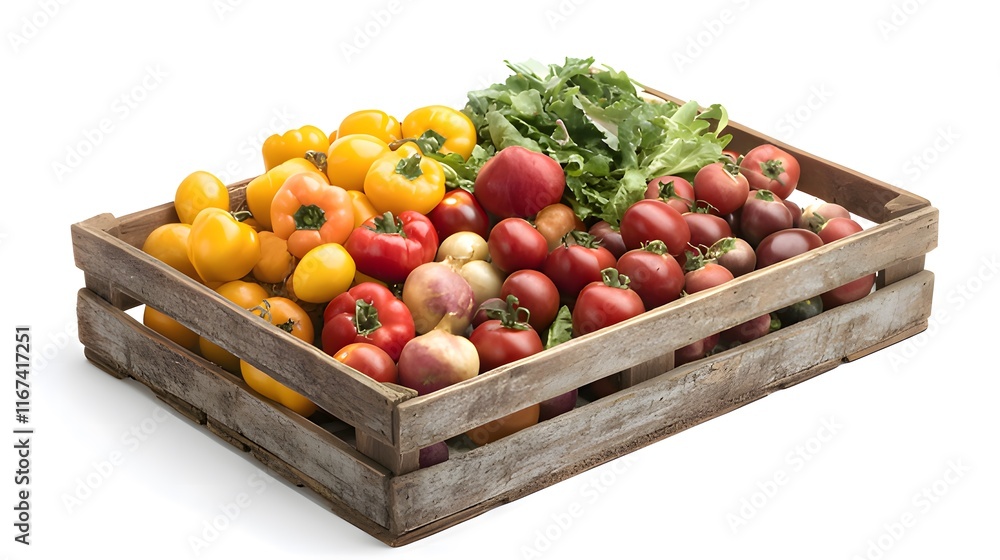 A wooden crate filled with colorful tomatoes and fresh lettuce, showcasing vibrant produce. A wooden crate filled with colorful tomatoes and fresh lettuce, showcasing vibrant produce.