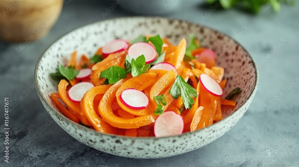 Carrot and Radish Salad in a Speckled Bowl Carrot and Radish Salad in a Speckled Bowl