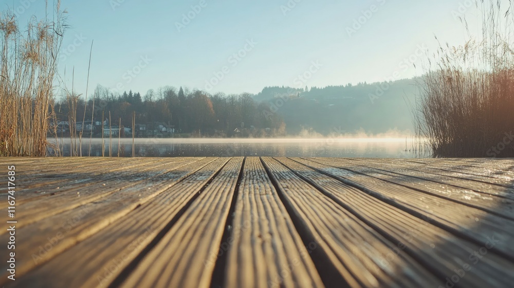 Fototapeta premium Wooden Dock Over Misty Lake With Distant Trees