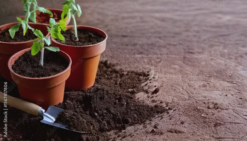 Terracotta Pots, Tomato Seedlings, Soil and Shovel AI Terracotta Pots, Tomato Seedlings, Soil and Shovel AI