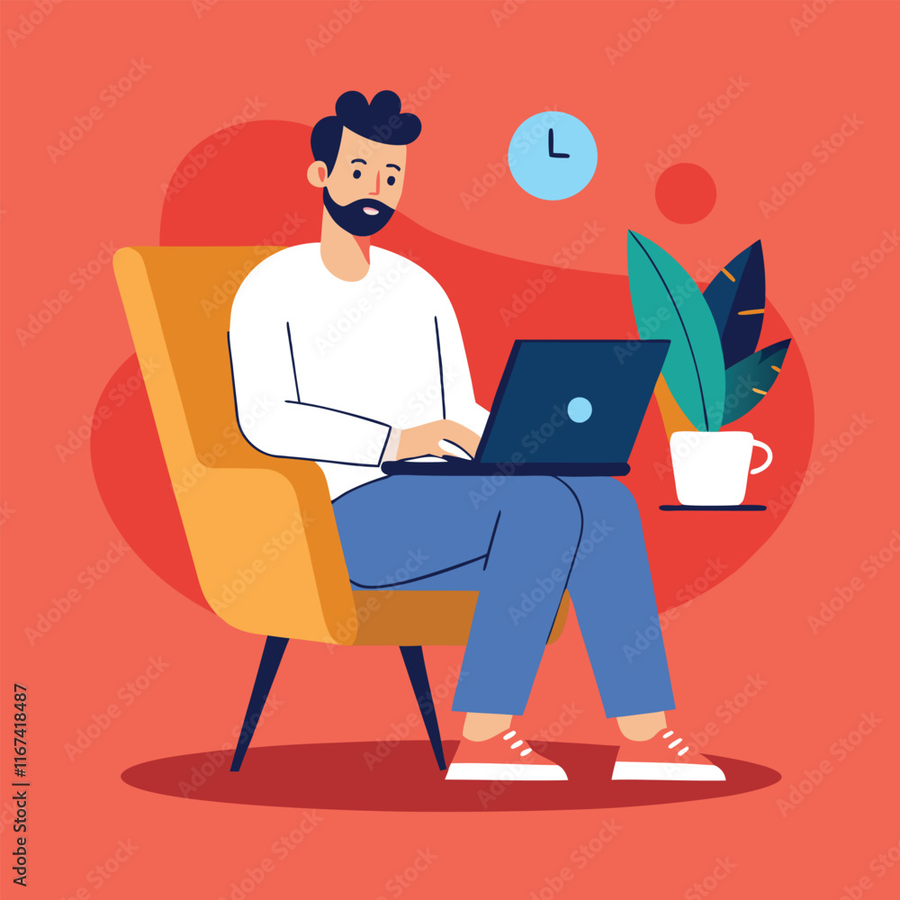 man working on his laptop, vector illustration man working on his laptop, vector illustration