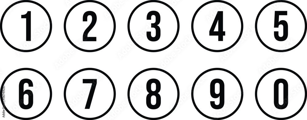 set of 0 to 9 white number on outline black circle vector illustration. set of 0 to 9 white number on outline black circle vector illustration.