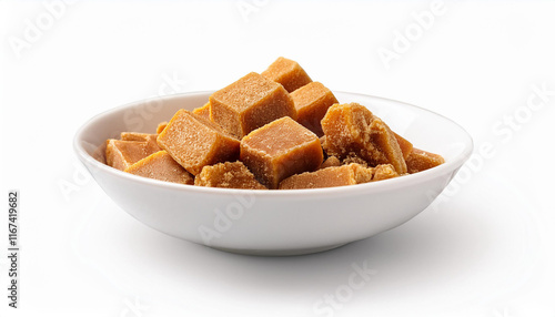 jaggery sugar in white bowl on isolated white background clipping path photo