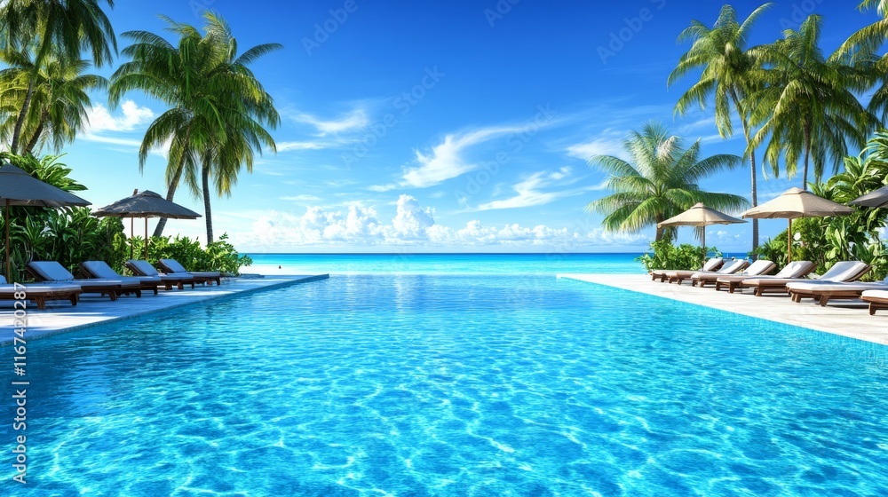 Clear blue water in a modern pool with palm trees. A serene pool surrounded by lush tropical beauty Clear blue water in a modern pool with palm trees. A serene pool surrounded by lush tropical beauty