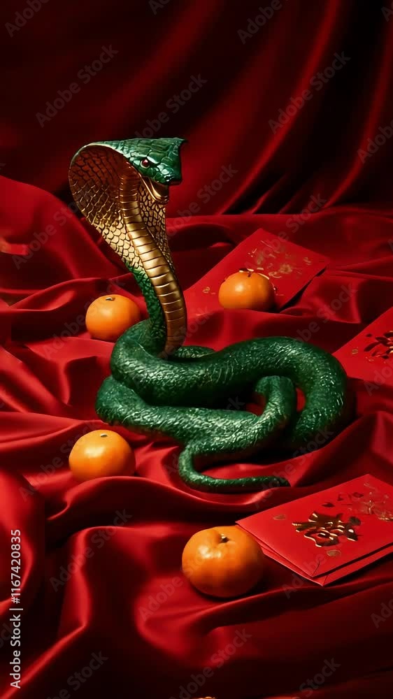 lunar new year celebration. Regal cobra on luxurious red fabric with vibrant mandarins and envelopes lunar new year celebration. Regal cobra on luxurious red fabric with vibrant mandarins and envelopes