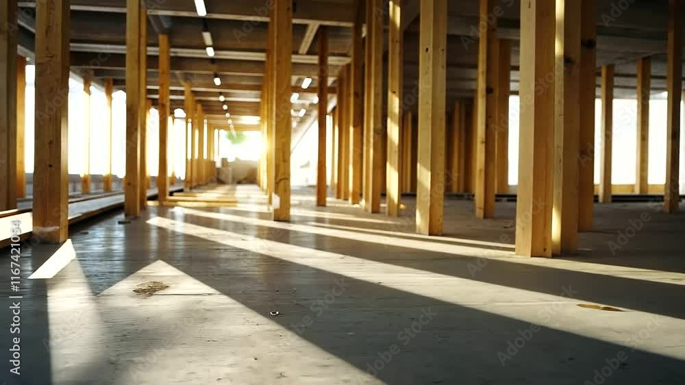 A modern construction site with stacked drywall sheets centered in the frame, surrounded by framing lumber and scattered nails on the floor