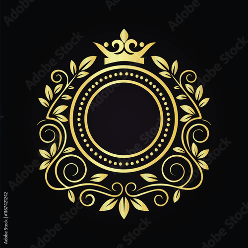 Elegant golden floral emblem design with a royal crown and intricate circular border  
