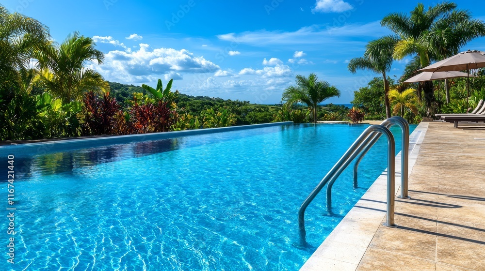 Clear blue water in a modern pool with palm trees. A serene pool surrounded by lush tropical beauty Clear blue water in a modern pool with palm trees. A serene pool surrounded by lush tropical beauty