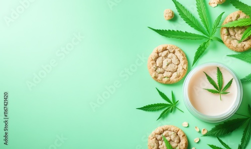 Hemp infused cookies and scattered cannabis leaves on light green background. CBD edible sweets, alternative wellness, food presentation, nature theme. photo