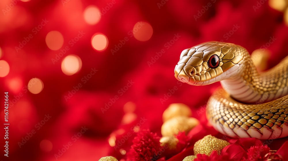 A golden snake rests against a vibrant red background, adorned with festive decorations, creating a striking visual contrast. A golden snake rests against a vibrant red background, adorned with festive decorations, creating a striking visual contrast.
