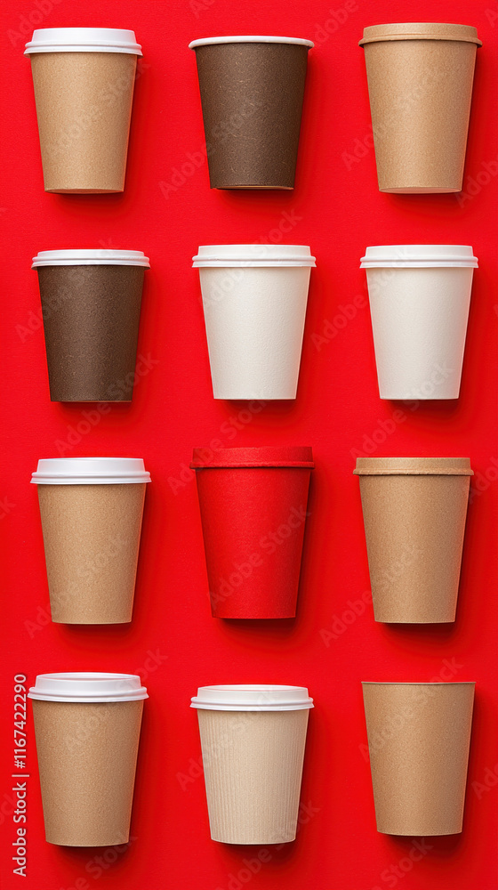 Colorful collection of coffee cups arranged in a grid on a vibrant red background. Colorful collection of coffee cups arranged in a grid on a vibrant red background.
