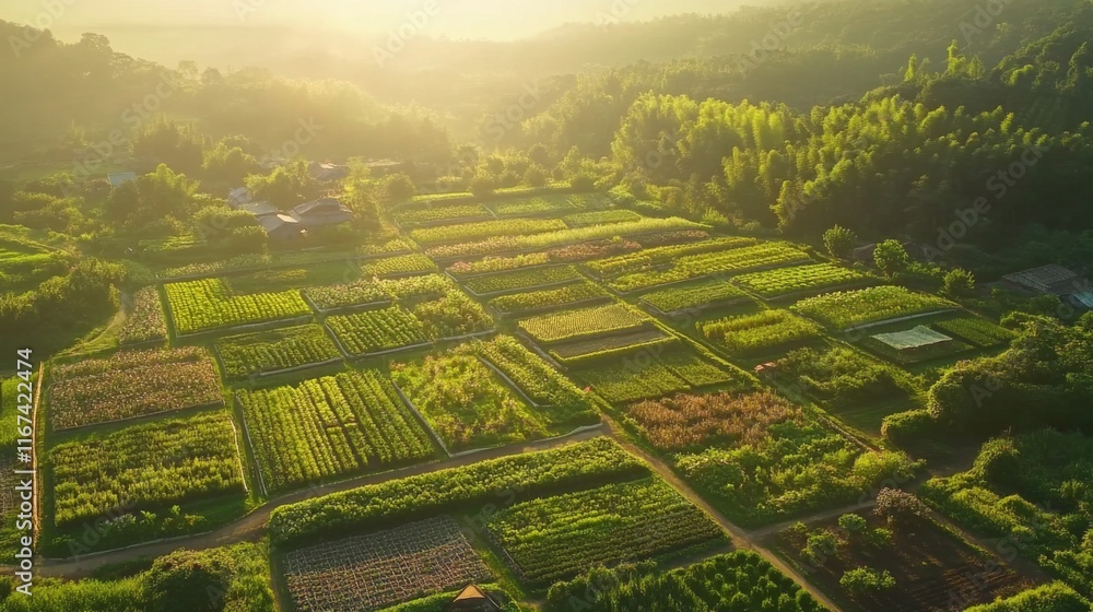 Fototapeta premium Aerial View of Lush Green Agricultural Fields at Dusk