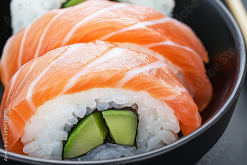 Delicious sushi rolls featuring fresh salmon and crisp cucumber. photo