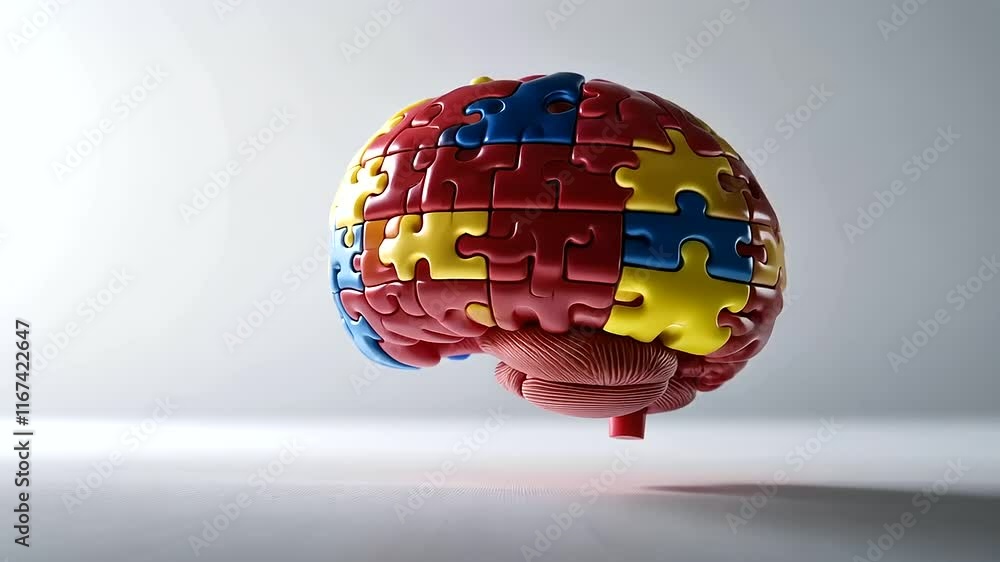 A D brain model composed of colorful interlocking puzzle pieces, with certain pieces highlighted to show the intricate challenges of dyspraxia A D brain model composed of colorful interlocking puzzle pieces, with certain pieces highlighted to show the intricate challenges of dyspraxia