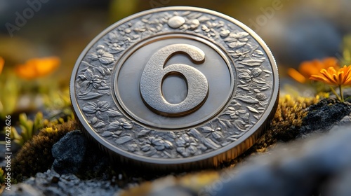 A coin with the number 6 on it is sitting on a rock photo