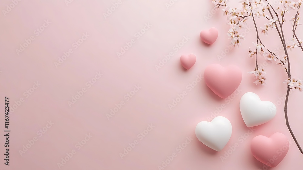 Fototapeta premium Pink Background With Hearts and Blossoms