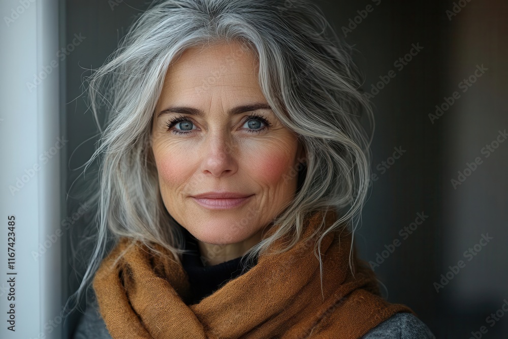 radiant elderly woman in her 50s with grey hair and a warm smile showcasing a healthy and glowing complexion in a closeup portrait that exudes beauty and grace radiant elderly woman in her 50s with grey hair and a warm smile showcasing a healthy and glowing complexion in a closeup portrait that exudes beauty and grace