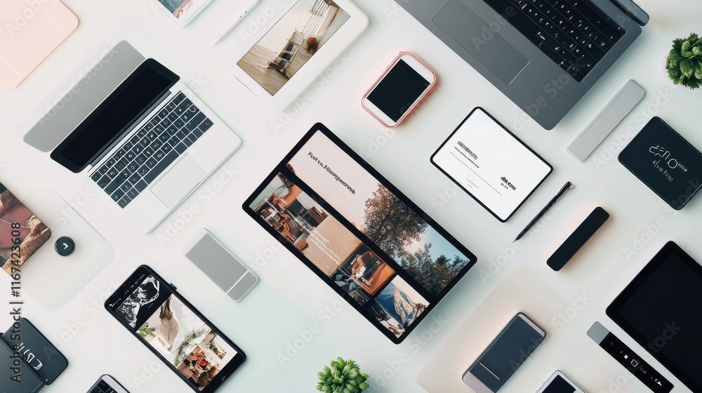 Naklejka premium Modern Workspace with Digital Devices and Gadgets Overhead View