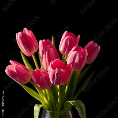a bouquet of pink and purple tulips in a blue vase