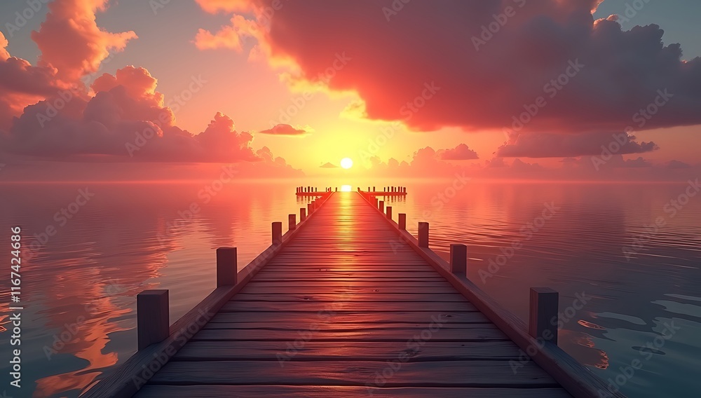 Fototapeta premium Vibrant Ocean Sunset with Illuminated Wooden Pier and Reflective Waters