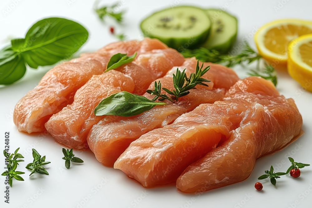 raw chicken fillet falling against a pure white background capturing the freshness and quality of the meat in a visually striking and clean composition raw chicken fillet falling against a pure white background capturing the freshness and quality of the meat in a visually striking and clean composition