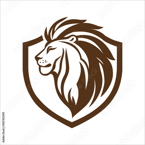 Majestic lion head logo inside a shield symbolizing strength protection and leadership  
