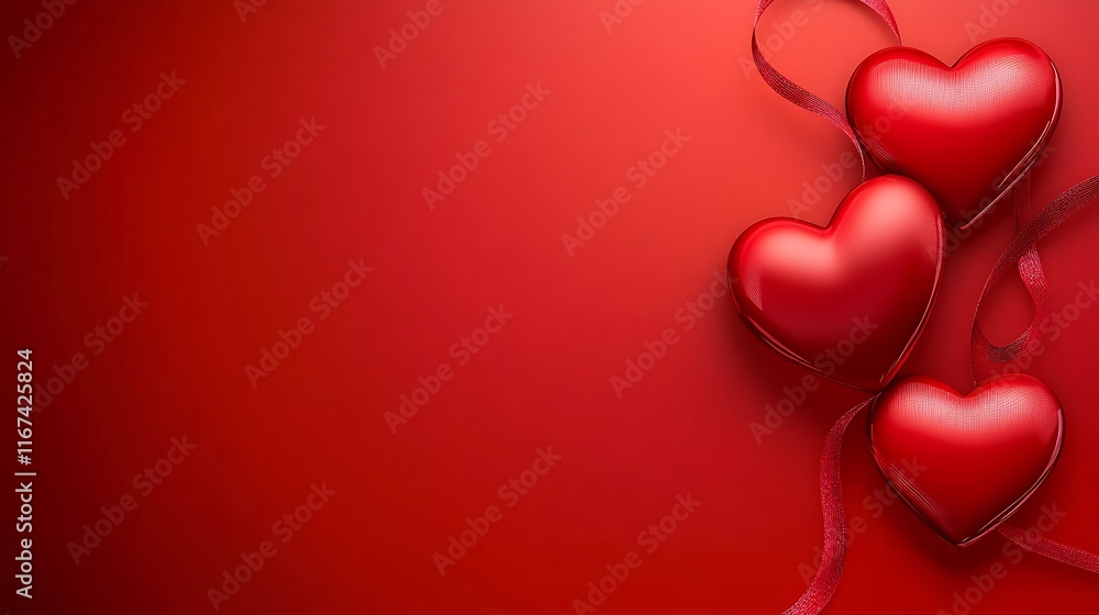 Three Red Hearts Adorned With a Ribbon on Red Background Three Red Hearts Adorned With a Ribbon on Red Background
