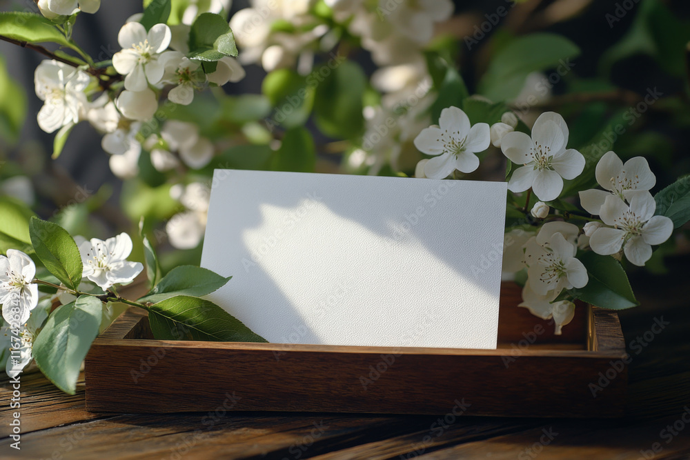 Blank card nestled amongst delicate white blossoms. Sunlight casts shadows, creating a serene springtime scene. Blank card nestled amongst delicate white blossoms. Sunlight casts shadows, creating a serene springtime scene.