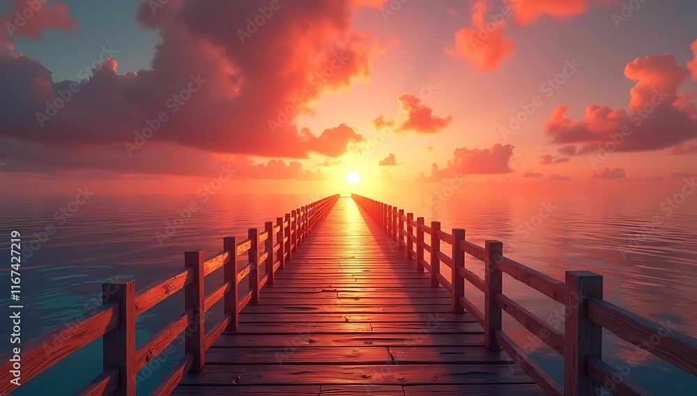 Obraz premium Vibrant Ocean Sunset with Illuminated Wooden Pier and Reflective Waters