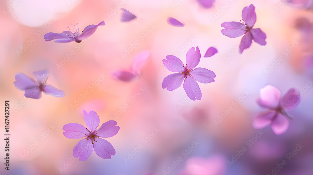 Pink Sakura flowers on a blurry garden background with a spring floral design, featuring blossoms, butterflies, and vibrant purple accents Pink Sakura flowers on a blurry garden background with a spring floral design, featuring blossoms, butterflies, and vibrant purple accents