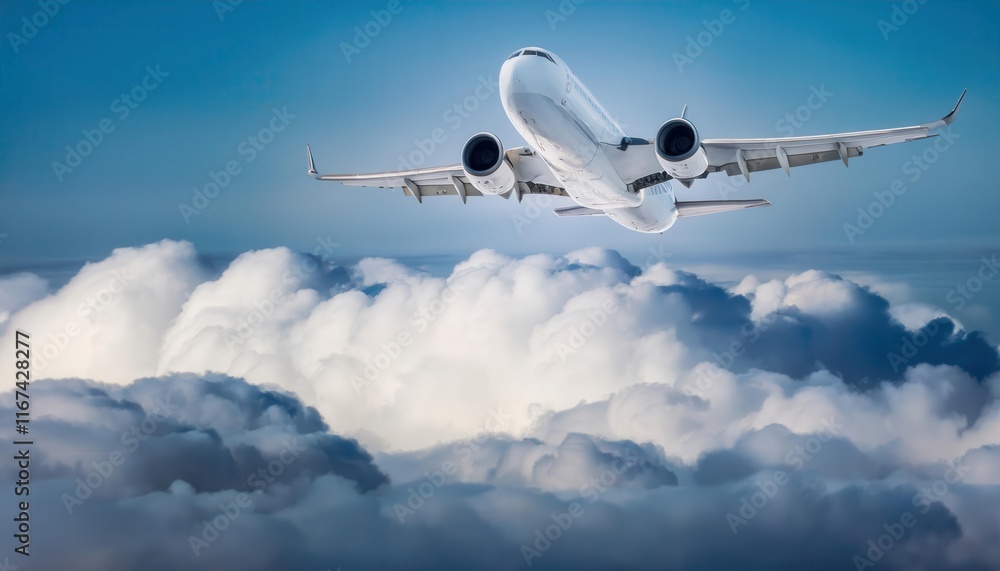 Obraz premium A modern airplane soars above fluffy clouds against a clear sky, highlighting the beauty of air travel.