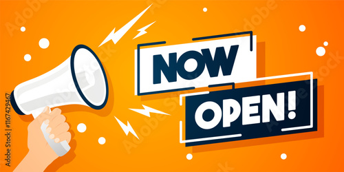 Hand Holding Megaphone With Now Open Banner