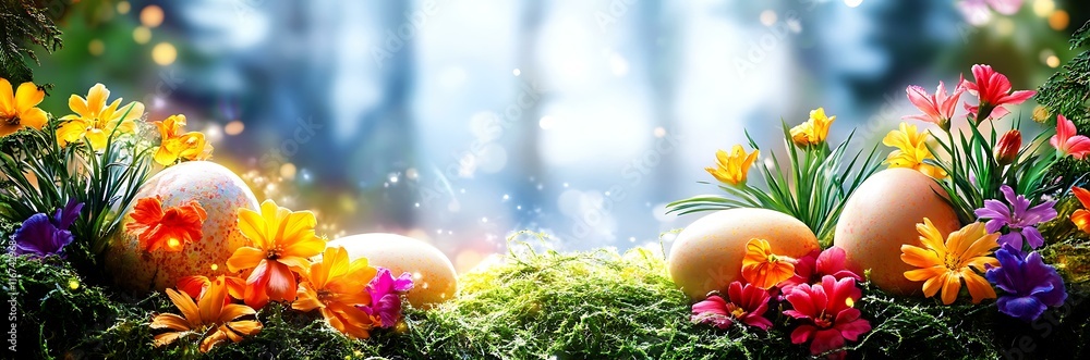 Easter Eggs and Flowers in a Spring Scene Easter Eggs and Flowers in a Spring Scene