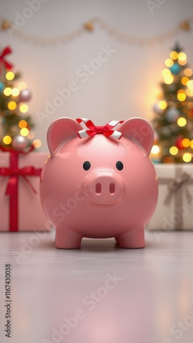 Piggy bank decorated with a ribbon stands near festive presents and glowing Christmas trees during the holiday season photo